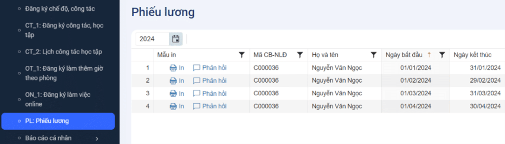 Nhân viên xem trực tiếp phiếu lương trên phần mềm và phản hồi nếu có sai sót