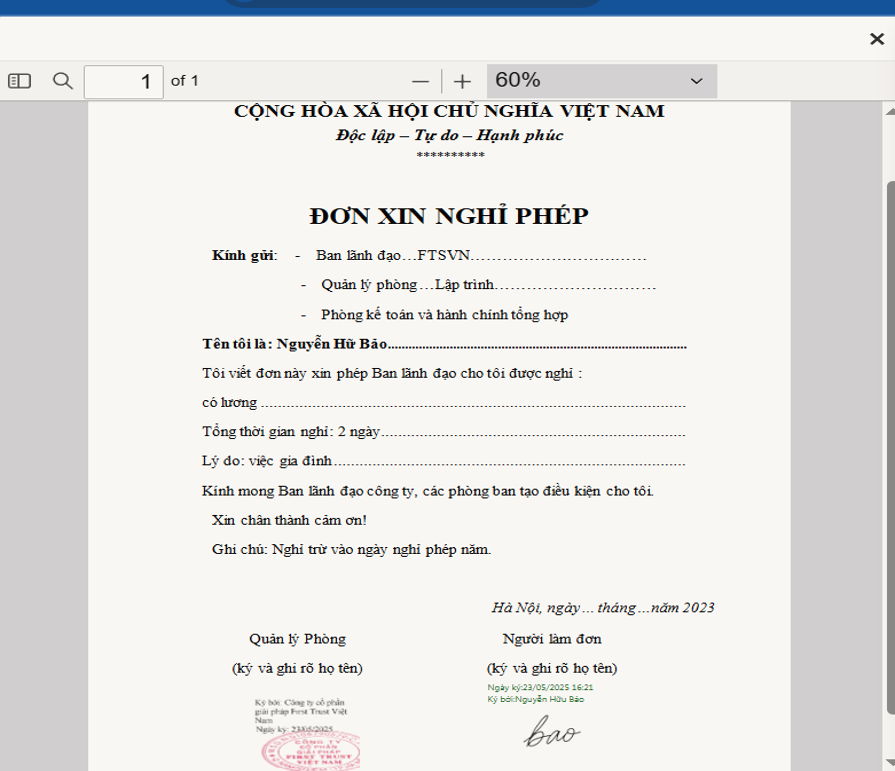 Ứng dụng ký điện tử các đơn từ khác trên phần mềm FTSHRM